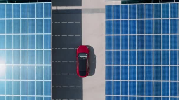 Overhead Shot Red Electric Car Driving Charging Station Electric Car — Vídeo de Stock