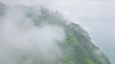 Aerial footage of the beautiful Napali Coast State Wilderness Park with unforgettable views. Helicopter ride above the massive cliffs as seen from above. High quality 4k footage