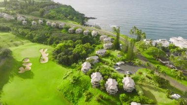 Charming town along lavish vast terrain, washed by the Pacific Ocean. Drone overlook above idyllic and peaceful tropical landscape within Hanalei Valley, Hawaii, USA. High quality 4k footage