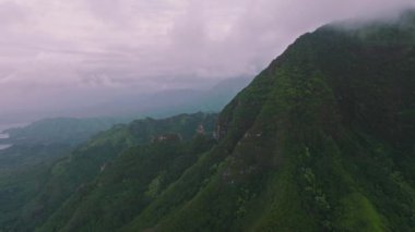 Aerial view of adventurous trails along steep slopes, lush forests and parks. Grassy area for recreation and camping behind the Haena beach. High quality 4k footage