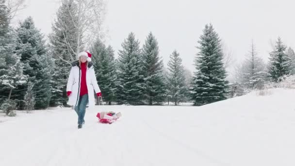 Aerial Cinematic Winter Background Santa Female Pulling Present Boxes Golden — 비디오