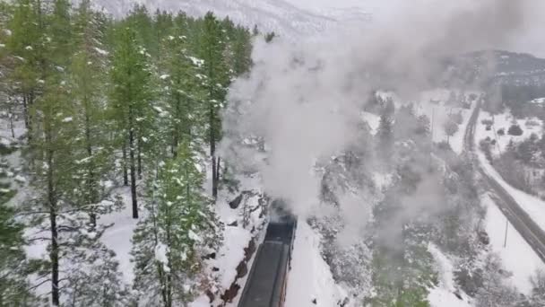 Aerial Old Steam Locomotive Engine Rides Railroad Releases Thick Clouds — Stock Video