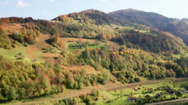 Cinematic natural environment with colorful tree tops, covering steep alpine slopes. Aerial view of remote countryside area with lush greenery around. High quality 4k footage
