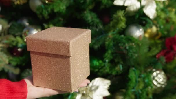 Close Hand Woman Showing Festive Golden Glittery Box Christmas Present — Stockvideo