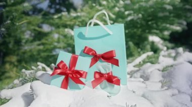 Scenic winter landscape with beautiful gifts on snowy fir tree branch on sunny winter day. Surprise gift bags with red satin bows as a symbol of family love, attention and care. Winter background 6K