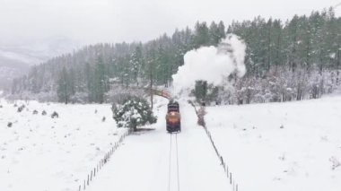 Steam locomotive arrives on to the train station, aerial 4K landscape view. Winter season, snow covered trees behind steam train. Thick steam produced by train, air pollution causing climate change
