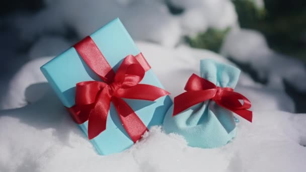 Blue Box Red Ribbon Red Cinematic Close Beautiful Elegant Luxury — Stock video