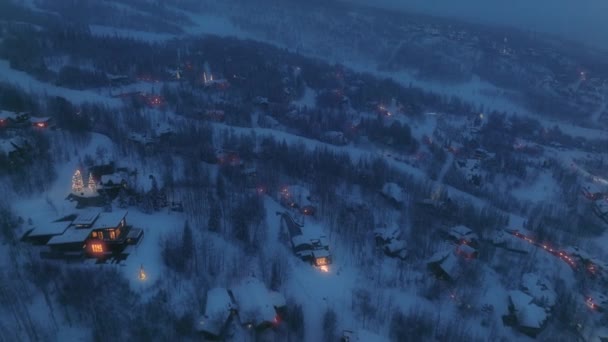 Ski Resort Mountain Village Covered Winter Snow Blue Twilight Night — Stock Video