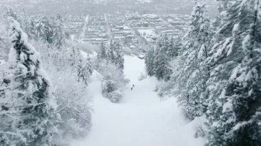 Aspen town panorama skiing of two ski professionals in Colorado mountains with amazing views on magical snowy fir trees on mountain covered with fresh snow. Cinematic aerial skiing on winter vacation