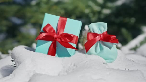 Cinematic Close Beautiful Elegant Luxury Gift Boxes Snowy Green Pine — Stock Video