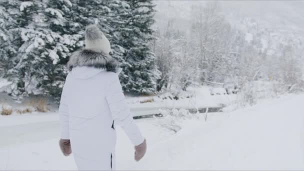 Traveller Fur Mittens Walking Beautiful Mountain Forest Winter Vacation Creating — Vídeos de Stock