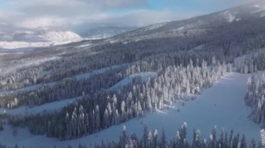 Soğuk güneş bulutların arasından çıkıp dağ tepelerini köknar ağaçlarıyla kaplıyor. Zemin ve ağaçlar kalın katmanlı kar kütlesi 4K ile kaplı. Güzel kış dağları manzarası