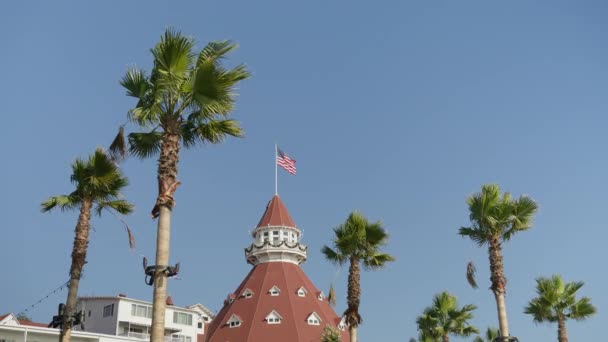Σαν Ντιέγκο Ταξιδιωτικό Υπόβαθρο Αμερικανική Σημαία Κυματίζει Αργή Κίνηση Στο — Αρχείο Βίντεο