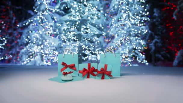 Чарівний Сніг Різдвом Новим 2023 Роком Блакитні Елегантні Подарункові Коробки — стокове відео
