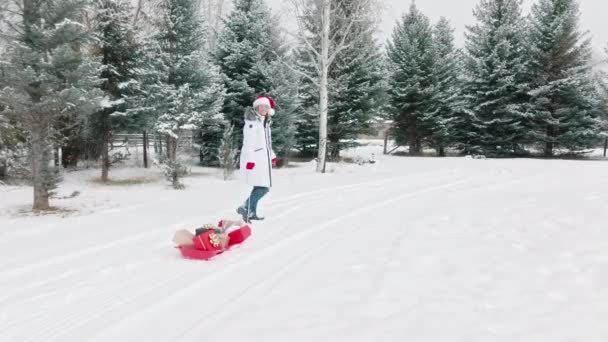 Kobieta Kapeluszu Świętego Mikołaja Przechadza Się Świeżym Białym Śniegu Santa — Wideo stockowe