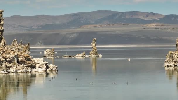 Aerial View Volcanic Formations Eroded Tufa Pinnacles Towering Large Shallow — Stock Video