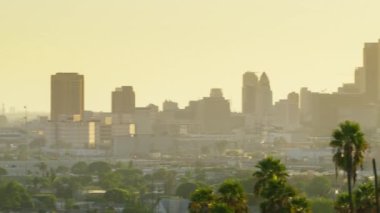 LOS ANGELES 'in panoramik görüntüleri. Kaliforniya, ABD' de gün batımında. Ön planda yeşil palmiye ağaçları olan modern şehir ufuk çizgisinin kırmızı kamera mesafesi görüntüsü. Los Angeles şehir merkezi, Los Angeles seyahat merkezi.