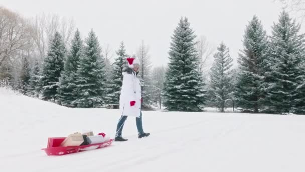 Christmas Background Woman Santa Claus Hat Walking White Snow Pulling — 图库视频影像