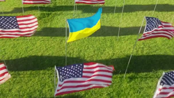 Ukrainska Och Amerikanska Flaggor Som Representerar Multinationella Offer För Terrorattacker — Stockvideo