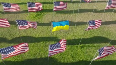 Amerikan Yıldızları ve Şeritleri arasında Ukrayna bayrağı taşıyan geniş bir alanın insansız hava aracı görüntüsü. Pepperdine Üniversitesi öğrencileri tarafından yapılan göz alıcı bir gösteri. Yüksek kalite 4k görüntü