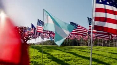 Kırmızı kamera, Arjantin 'in altın günbatımı arka planında rüzgarda dalgalanan yüksek kaliteli bayrakları, arkasında Amerika Birleşik Devletleri bayrakları. Uluslararası turizm kavramı, seyahat iş ekonomisi