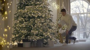 Adam hediyelerini Noel ağacının altına koyar ve saklanır. Genç beyaz adam Noel tatili için ailesi için paketlenmiş hediyeler hazırlıyor. Yüksek kalite 4k görüntü