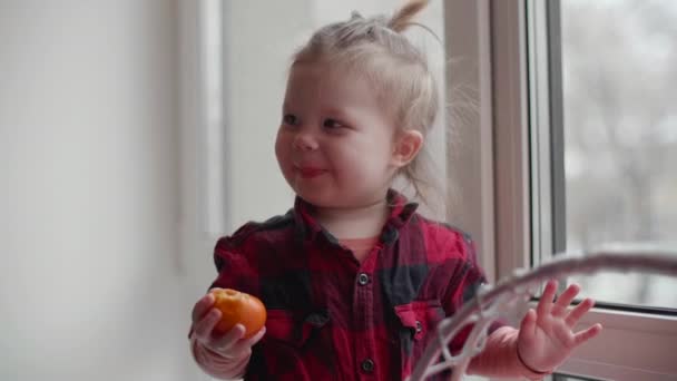 幸せな女の子はみかんを食べ 窓の外を見る 赤ちゃん身に着けている赤いシャツに驚いてザ雪道高品質4Kビデオ — ストック動画
