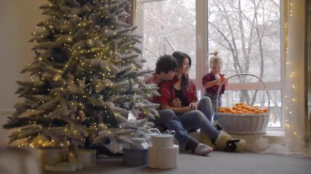 美丽的家庭坐在窗边和孩子玩耍 男人和女人在圣诞树旁和女儿一起吃橘子 高质量的4K镜头 — 图库视频影像