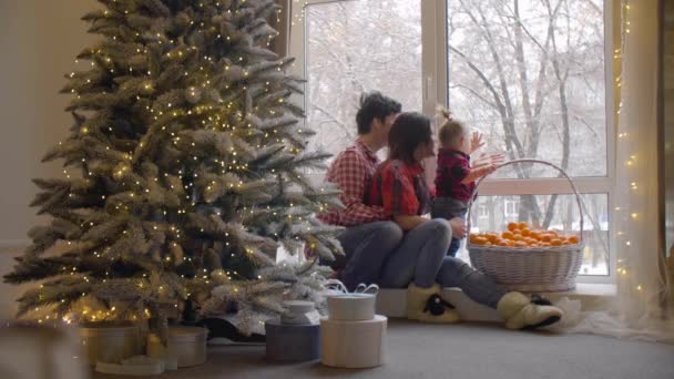 Rodzina Cieszy Się Śnieżną Pogodą Przytulnym Domu Rodzice Dziecko Siedzą — Wideo stockowe