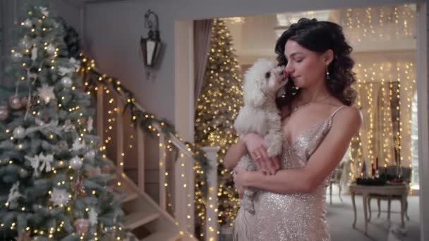 Elegantní Dáma Drží Svého Psa Při Pózování Kameru Vánočním Interiéru — Stock video