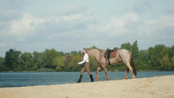 絵のように美しい田園地帯を週末散歩を楽しむ熟練した乗馬ライダー 若い女性は池の中の澄んだ青い水に向かって馬を歩いている 高品質4K映像 — ストック動画