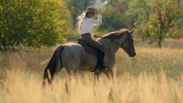Λευκή Γυναίκα Κάθεται Πάνω Άλογο Ένα Γραφικό Αγροτικό Τοπίο Έξυπνη — Αρχείο Βίντεο