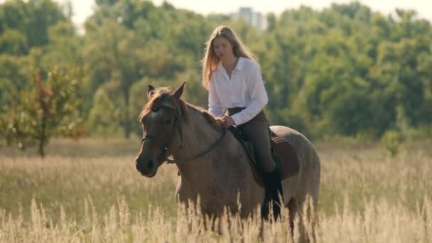 Blanke Blonde Vrouw Die Galoppeert Oefent Het Platteland Vrouwelijke Ruiter — Stockvideo