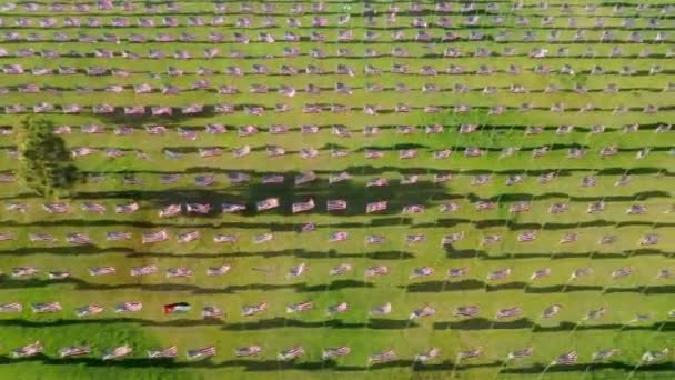 在9月11日恐怖袭击中失去生命的纪念仪式的空中图像 每年都会为每个公民展示大量的美国国旗和国际国旗 高质量的4K镜头 — 图库视频影像