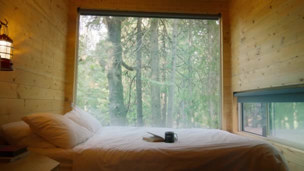現代の小さな家のインテリア森の中で ドリーレッドカメラで撮影した 晴れた夏の日に運動の背景に美しい緑のトウヒの森とコピーまたはテキストスペース — ストック動画