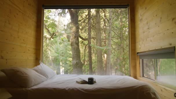 太陽の光背の高い緑の松の木を介して鬱蒼とした森の素朴な小さなキャビンの大きな壁の窓に見られる彼らの方法になります 風光明媚な景色を望む窓のベッド付きの空の部屋 コピースペース旅行の背景 — ストック動画
