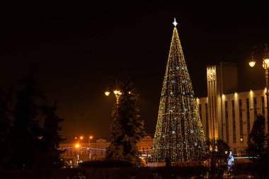 Gecenin karanlığında meydanda büyük bir Noel ağacı.