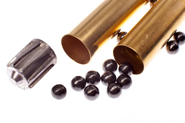 Bullet, buckshot and brass shell casings on a white background — Stock Photo, Image