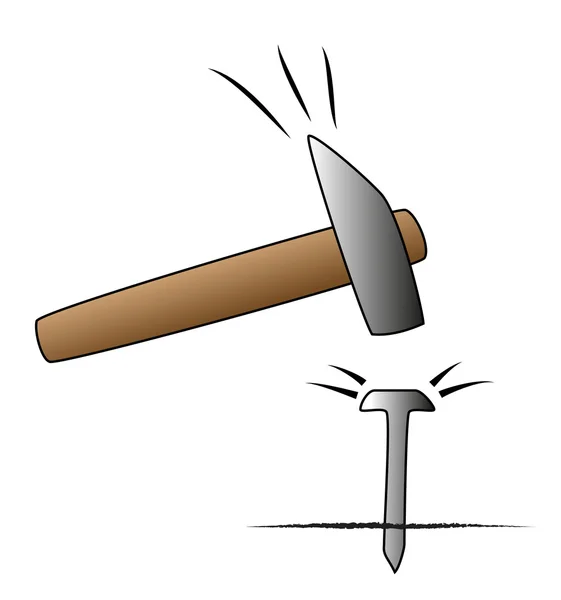 Hand hold hammer and hits nail. Construction concept. Vector flat