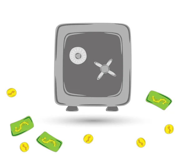 Cassaforte grigia per la protezione dei vostri oggetti di valore con monete e cartamoneta — Vettoriale Stock