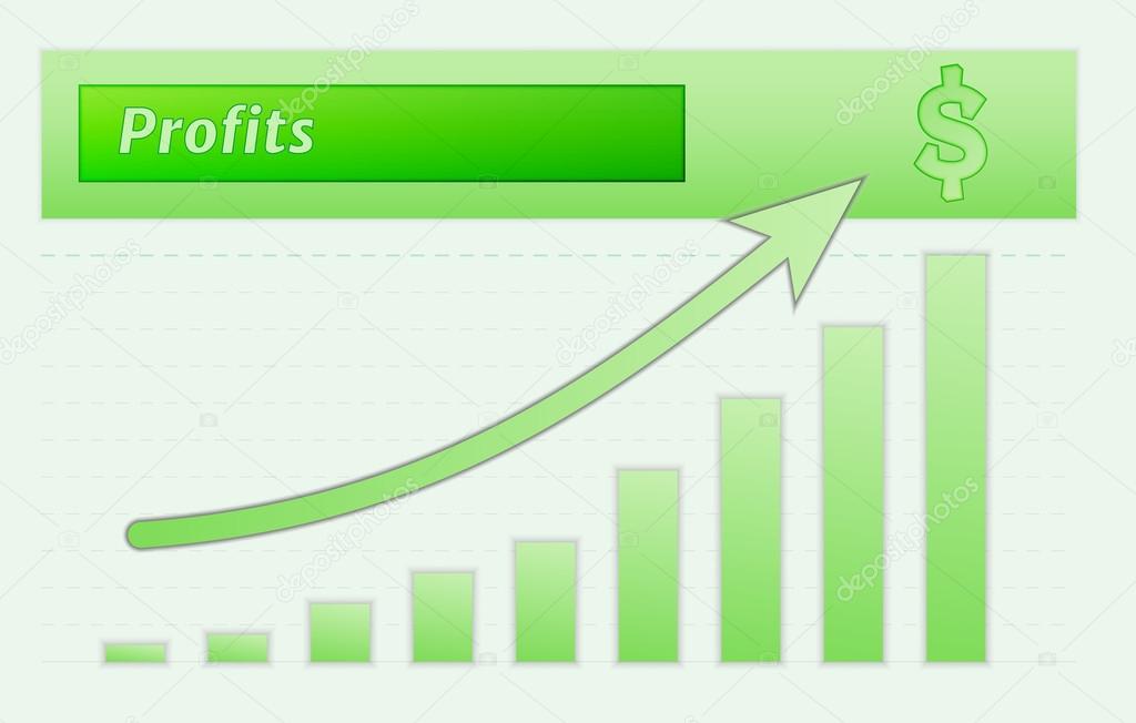 green lined graph with arrow representing growing profits