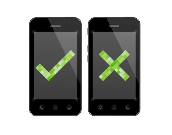 Smartphones avec symbole de contrôle et croix — Image vectorielle