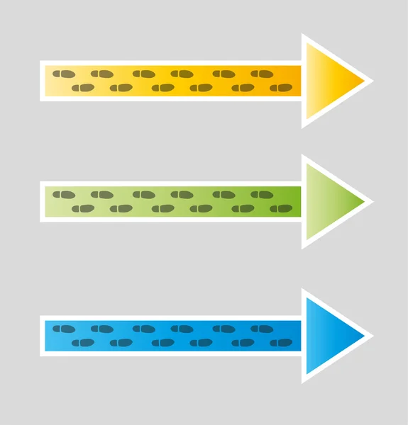 Blaue, grüne und gelbe Pfeile mit Fußabdrücken — Stockvektor