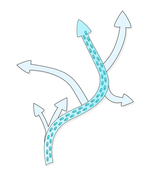 Blauwe pijl met voetafdrukken — Stockvector