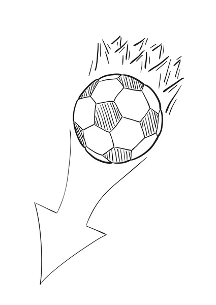 Skizze des fliegenden Fußballs mit Flammen und Pfeil — Stockvektor