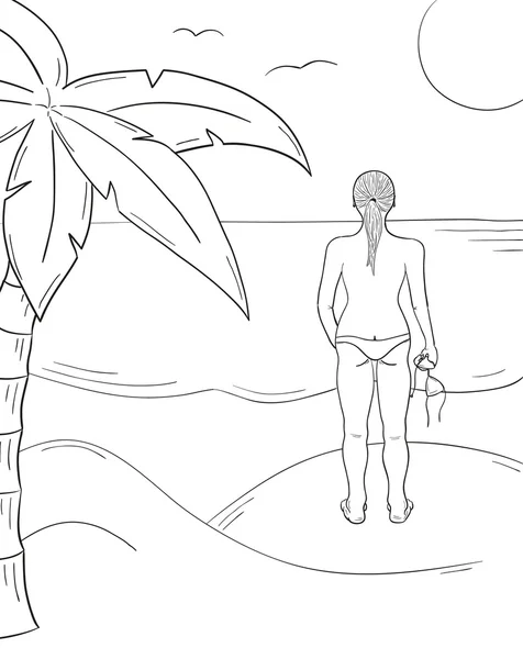Schets van het meisje in zwembroek op het zonnige strand — Stockvector