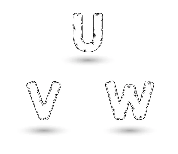 Náčrt zubaté abeceda písmena, u, v, w — Stockový vektor