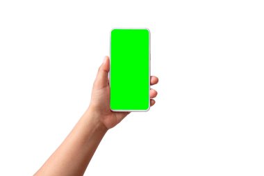 el ele tutuşan cep telefonu yeşil ekran kırpma yolu ile beyaz arkaplan izole.