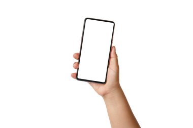 El beyaz ekranı tutuyor, cep telefonu kırpma yolu ile beyaz bir arkaplanda izole edilmiş..