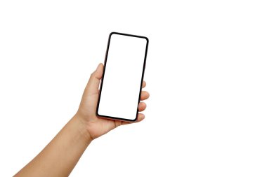 Sol elde tutulan beyaz ekran telefonu kırpma yolu ile beyaz arkaplanda izole.